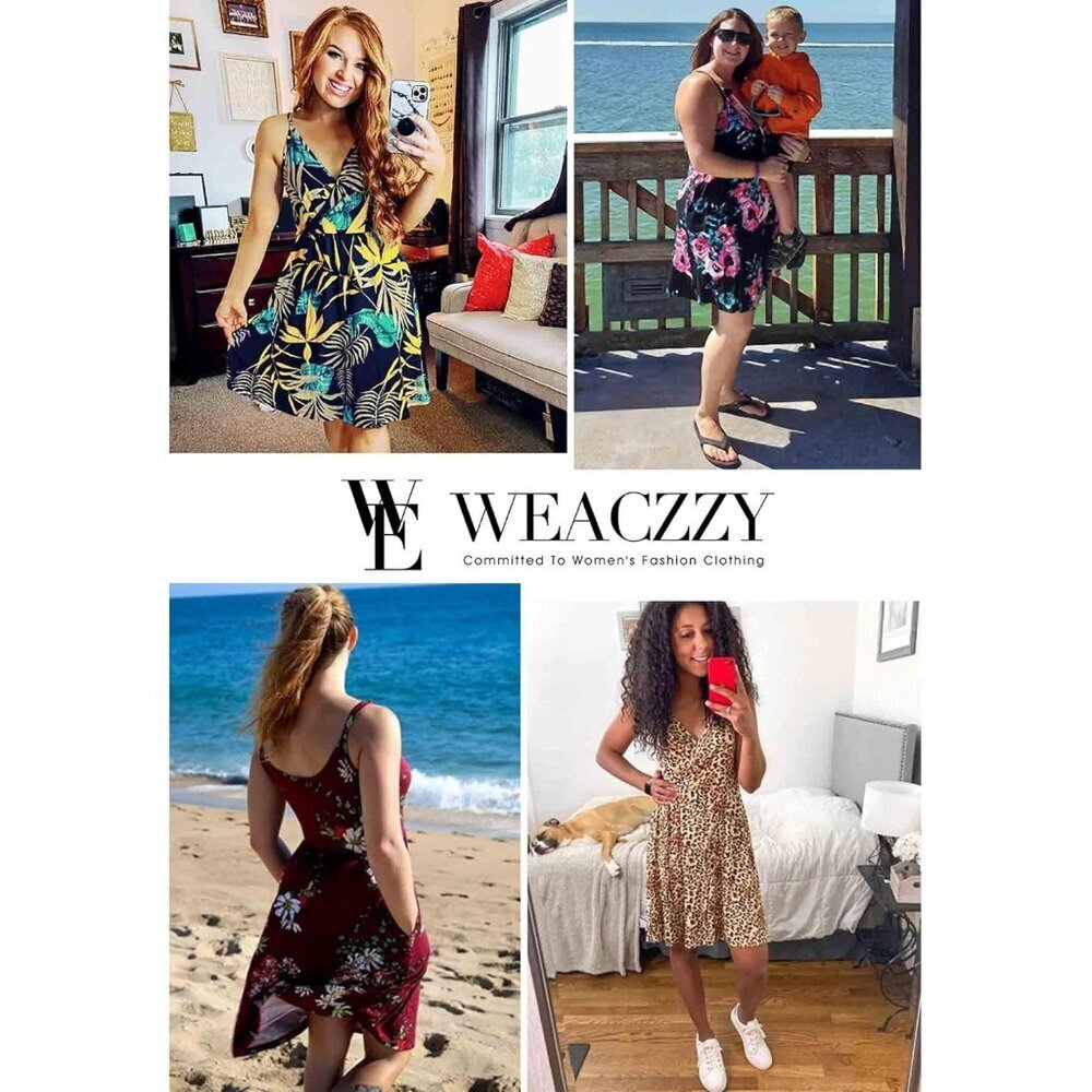 Women's Floral White V Neck Spaghetti Strap Flowy Mini Dress with Pockets - Picture 5 of 5